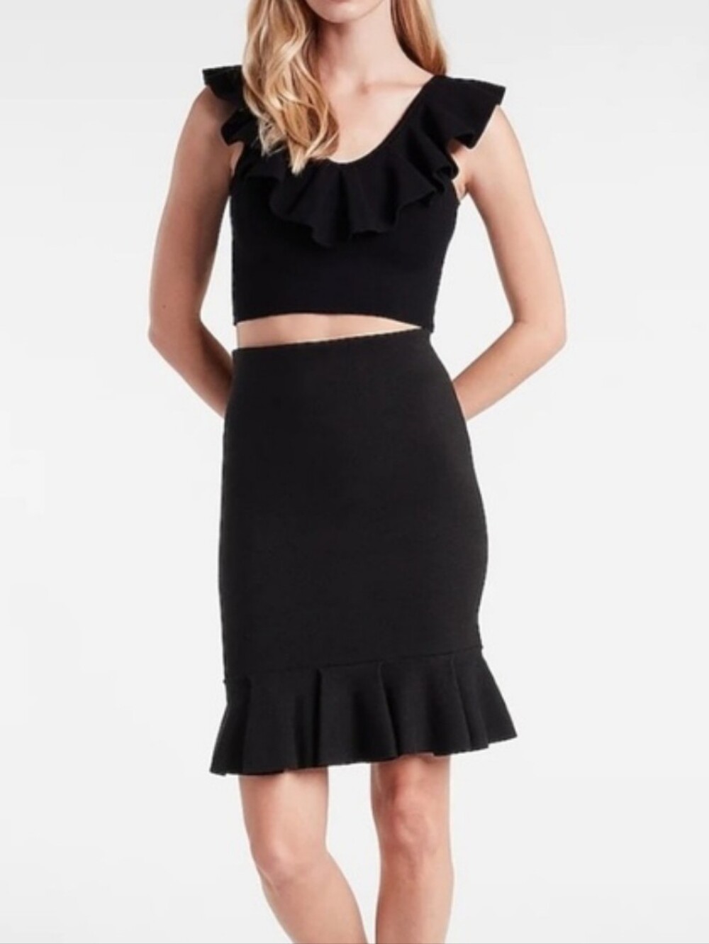Express Black Body Contour Ruffle Hem Mini Sweater Skirt, Mermaid, S, NWT